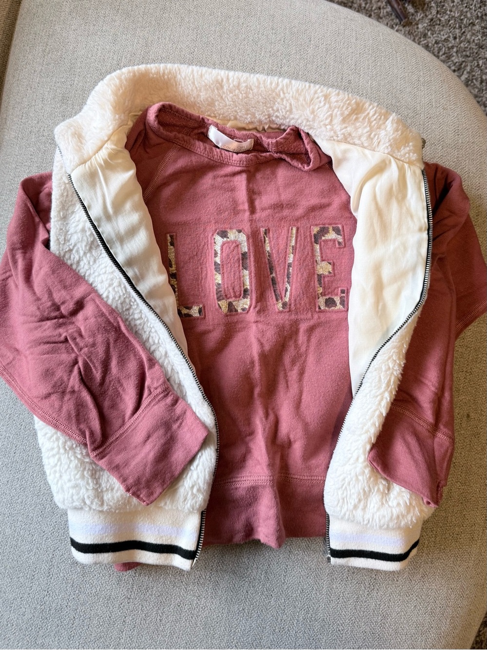 Kids' Salmon 'Love' Pullover Top with Cream Sherpa Vest